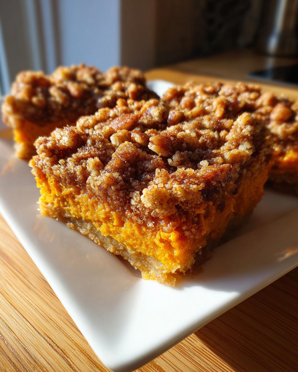 A close-up of a square slice of easy sweet potato casserole bar featuring a bright orange filling and a thick, crumbly pecan topping.