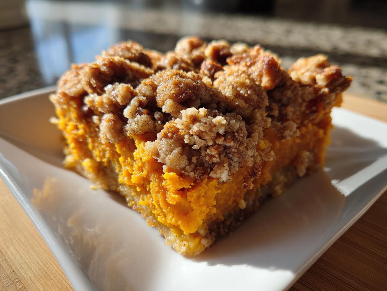 Close-up of a single serving slice of easy sweet potato casserole featuring bright orange filling and a thick, crunchy brown sugar pecan crumble topping.