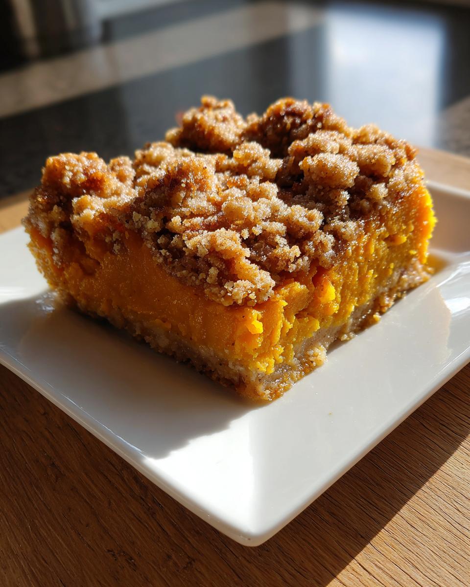 A square slice of easy sweet potato casserole featuring a bright orange filling and a thick, brown streusel topping, served on a white plate.