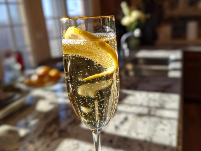 A close-up of a sparkling French 75 cocktail in a champagne flute, garnished with a lemon twist and ice.