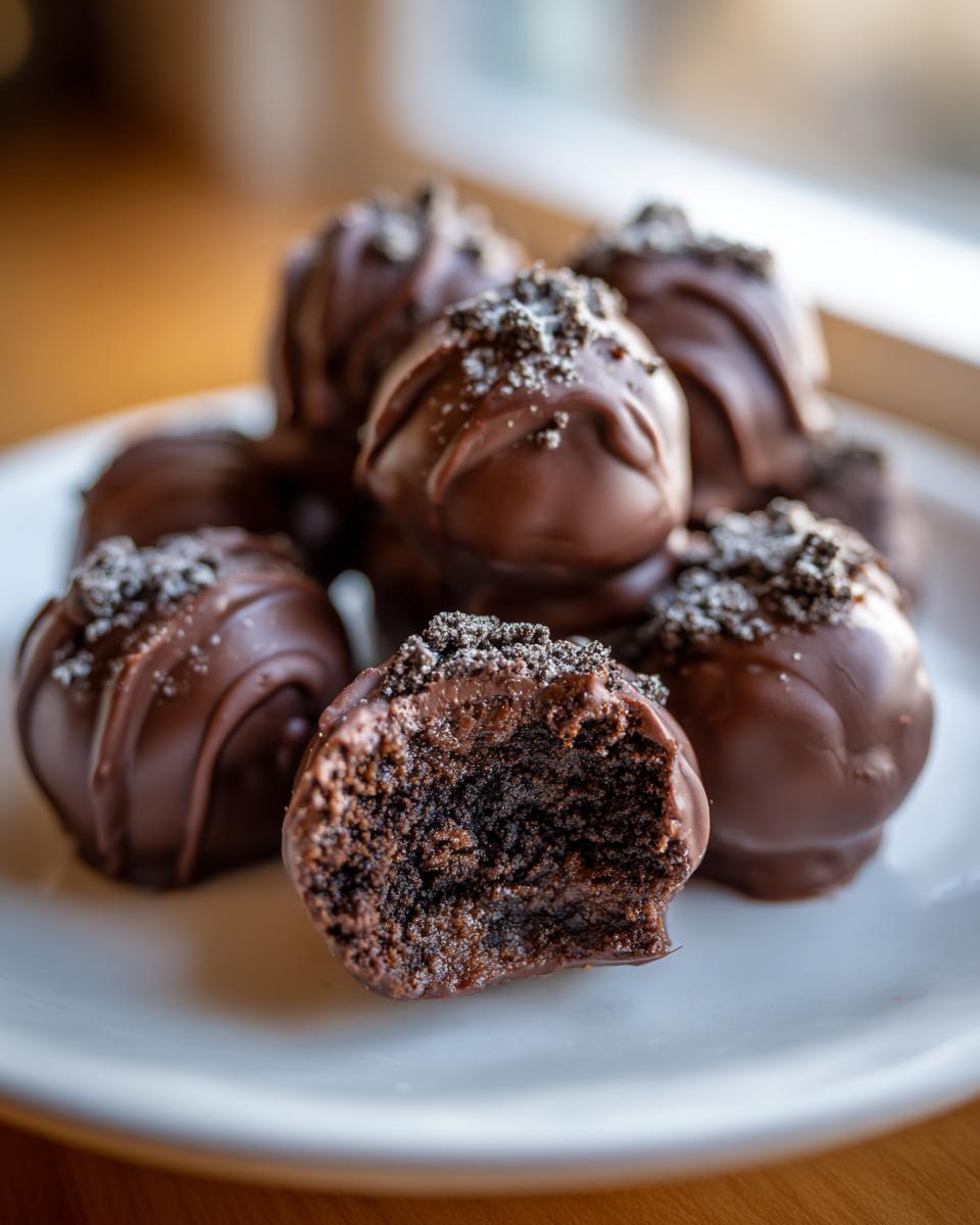 Close-up of fudgy Oreo balls, with one bitten into to reveal the rich chocolate interior and cookie crumb topping.