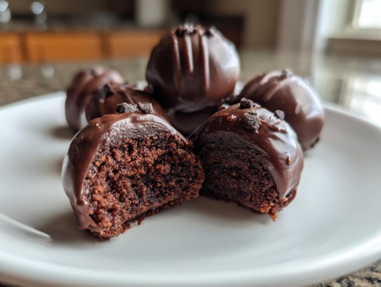 Close-up of fudgy Oreo balls, one cut in half to reveal the rich chocolate interior, topped with chocolate drizzle and cookie crumbs.