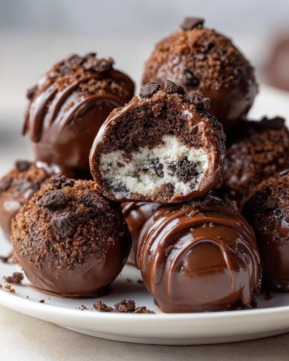 Close-up of fudgy Oreo balls, one cut in half revealing a creamy white center with crushed Oreo pieces.