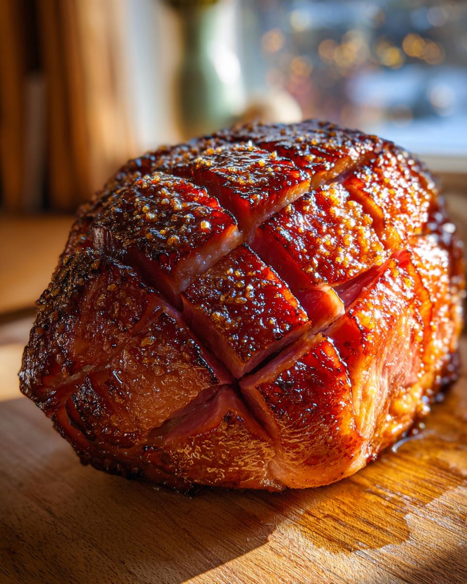 Close-up of a perfectly glazed ham, scored and glistening with a sweet, sticky glaze, ready for a holiday feast.