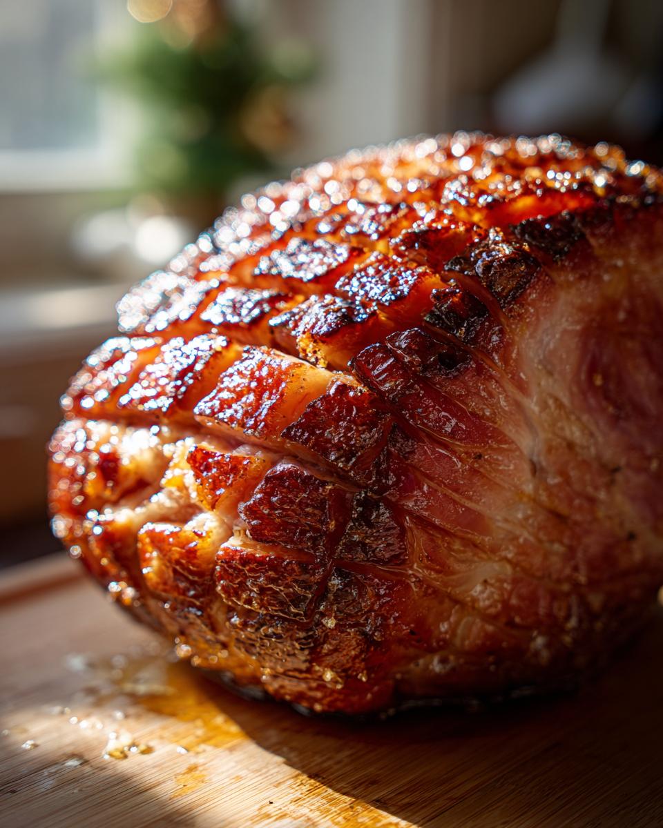 Close-up of a perfectly glazed ham with diamond score marks, glistening under warm light.