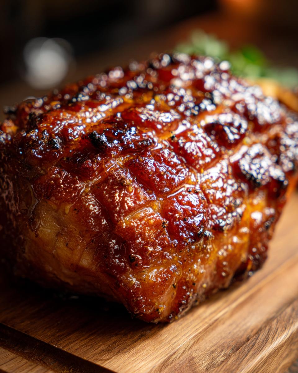 Close-up of a perfectly glazed ham with a diamond score pattern, ready for a holiday meal.