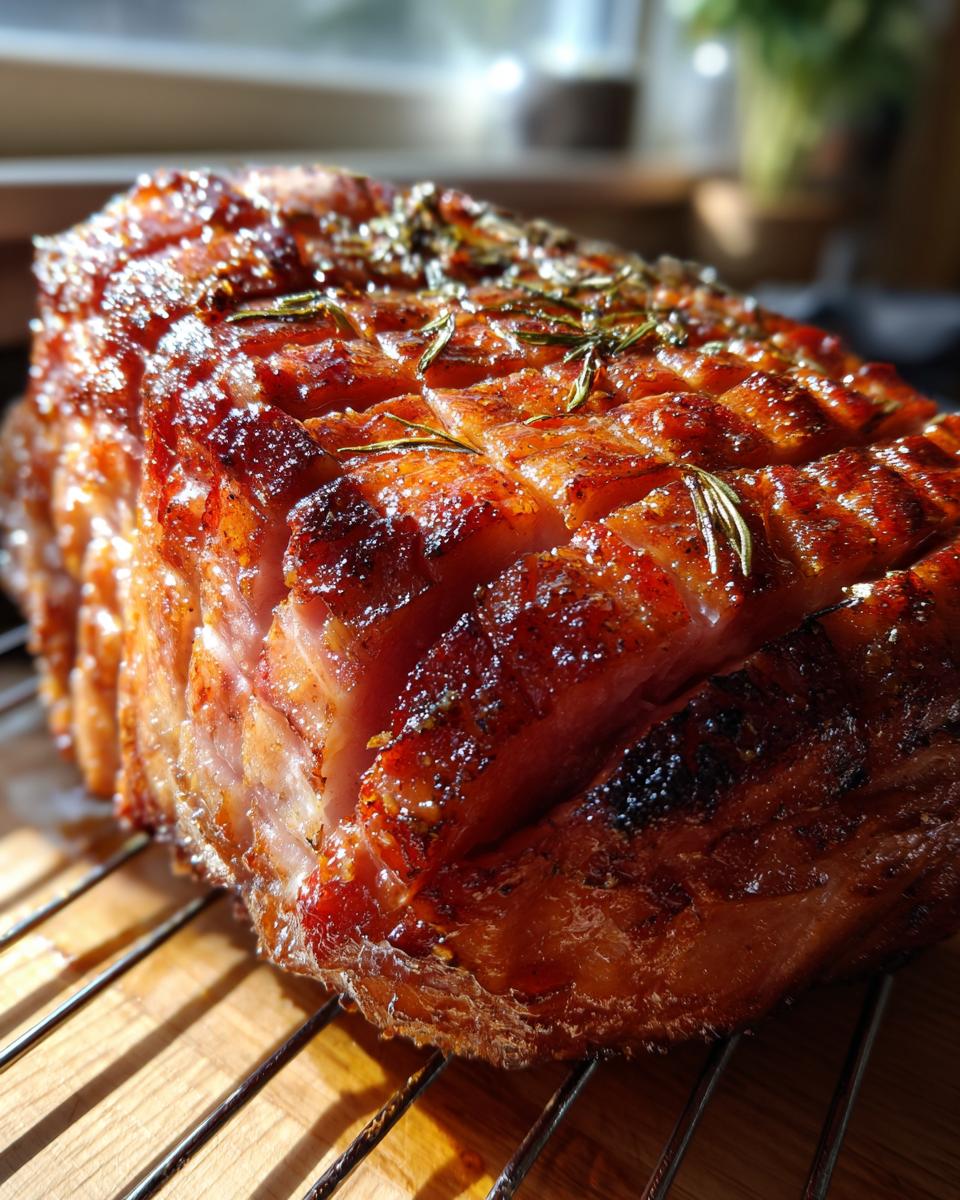 Close-up of a beautifully glazed ham with a diamond score pattern and fresh rosemary sprigs.