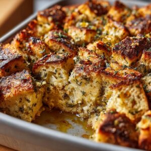 Close-up of golden brown cubes of gluten-free stuffing baked in a dish, topped with herbs.