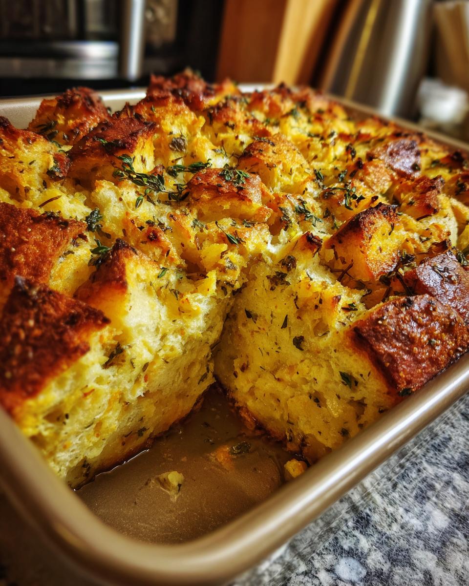 Close-up of a golden-brown baked gluten-free stuffing in a baking dish, topped with herbs.