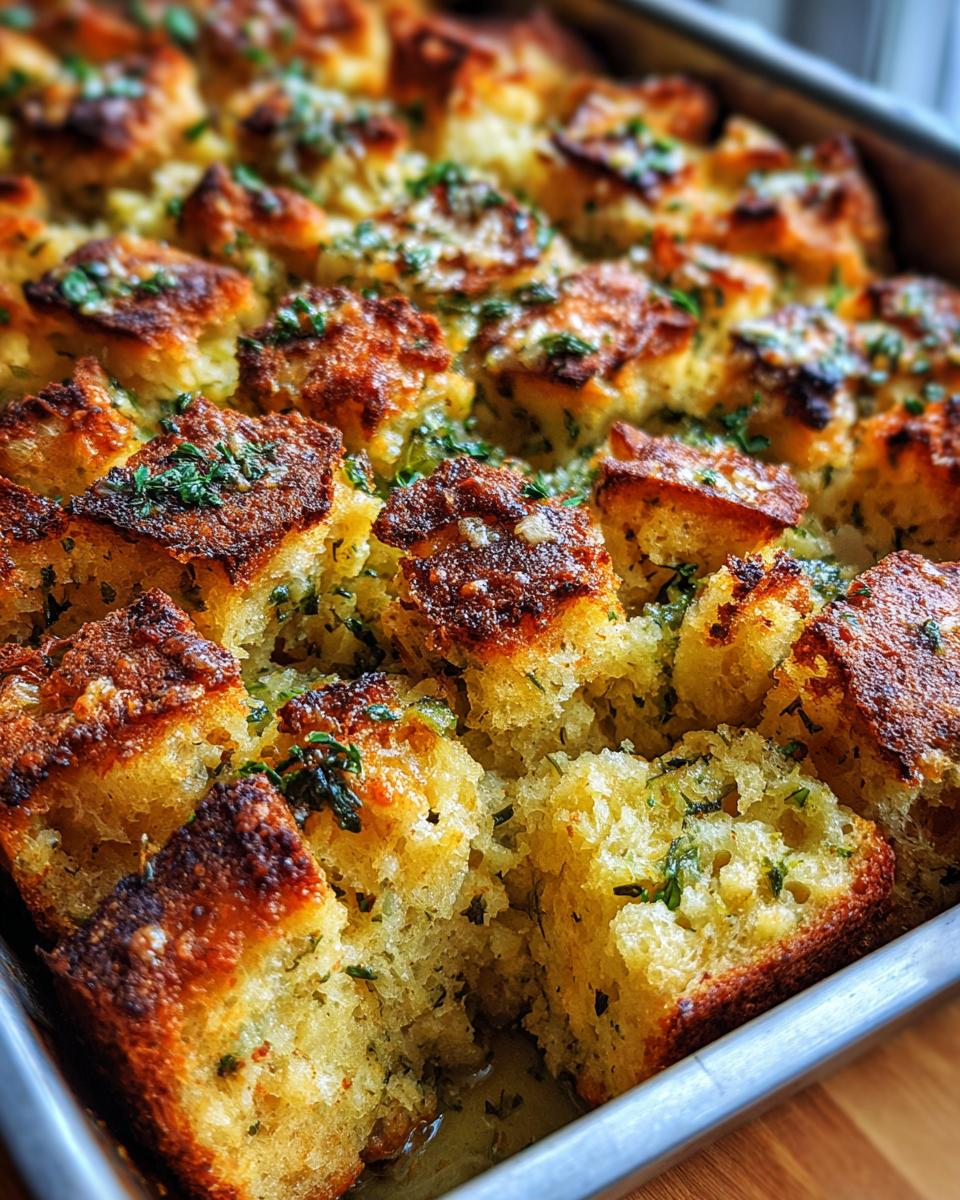Close-up of golden-brown cubes of gluten-free stuffing baked in a pan, sprinkled with fresh herbs.