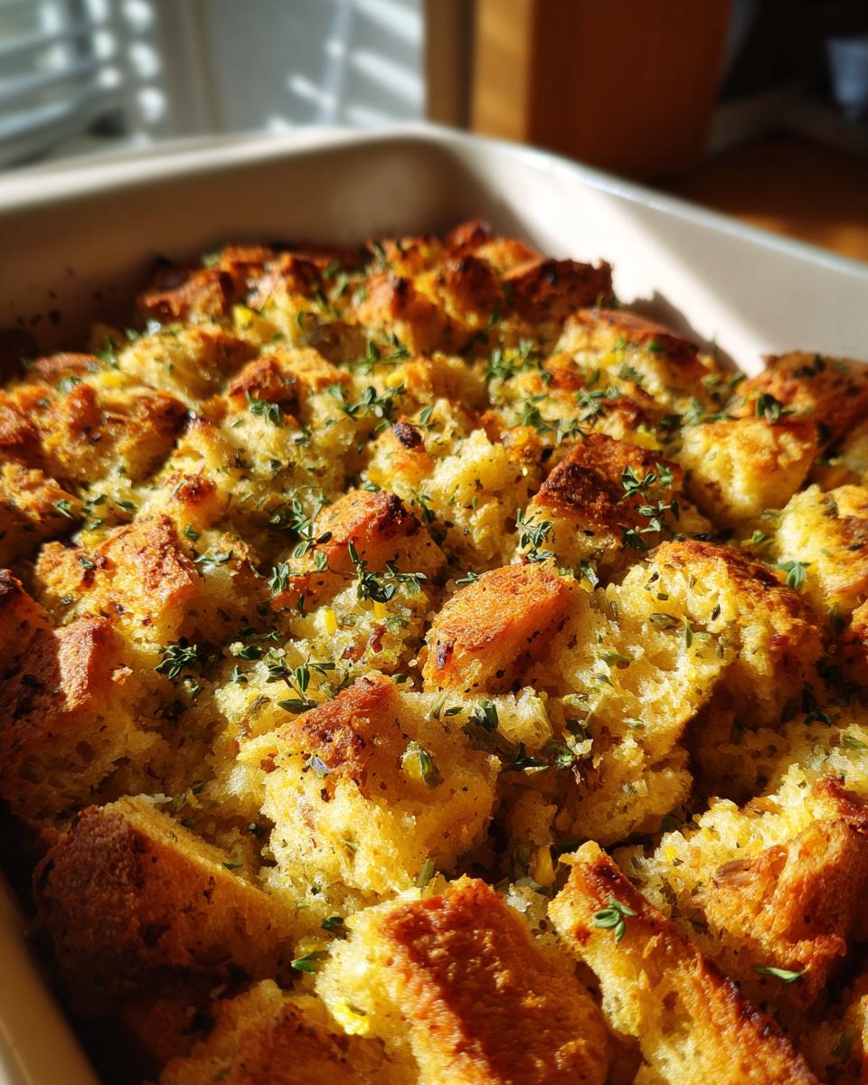 Close-up of a golden-brown baked gluten-free stuffing in a baking dish, sprinkled with fresh herbs.