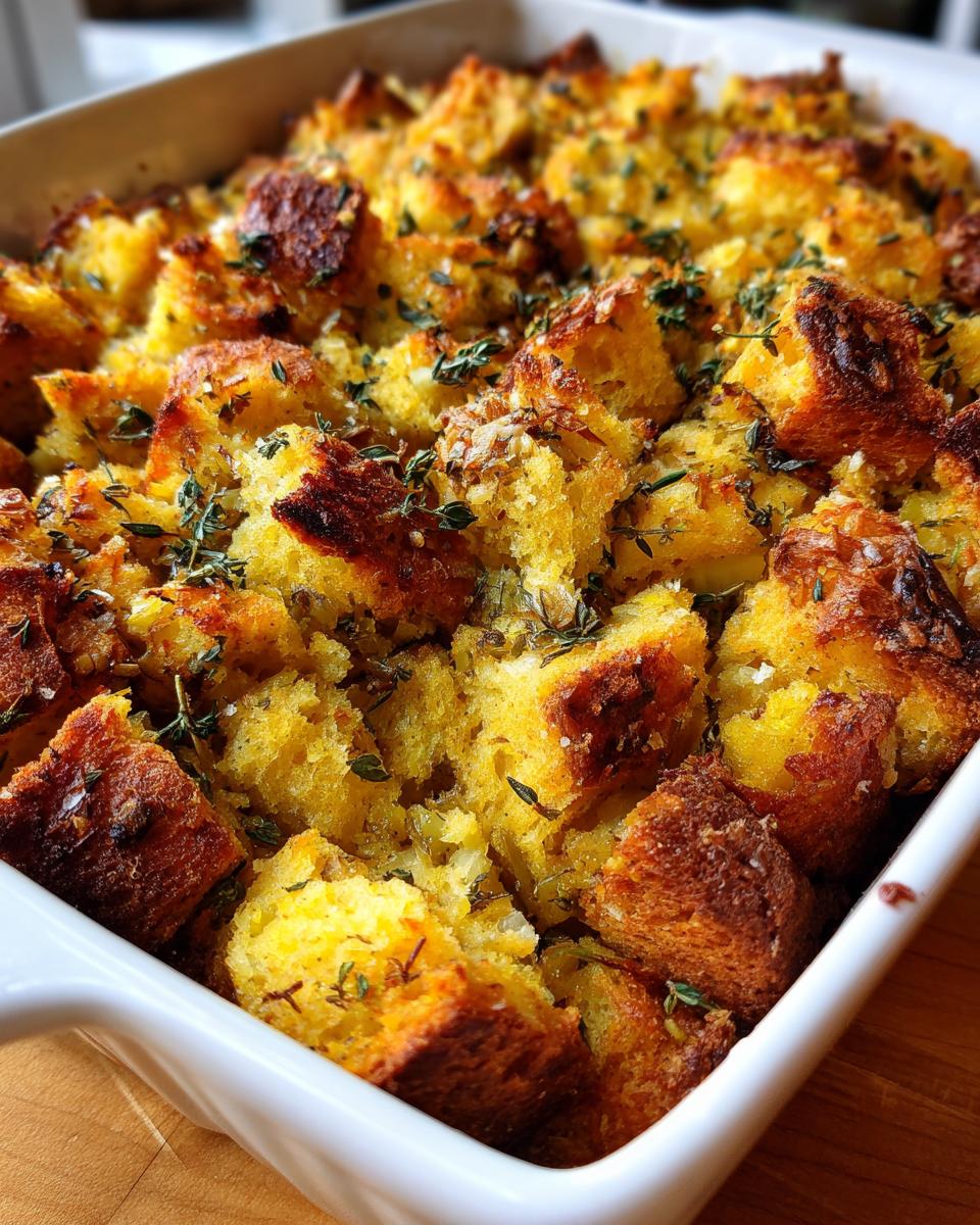 Close-up of a white baking dish filled with golden-brown gluten-free stuffing, topped with fresh thyme.