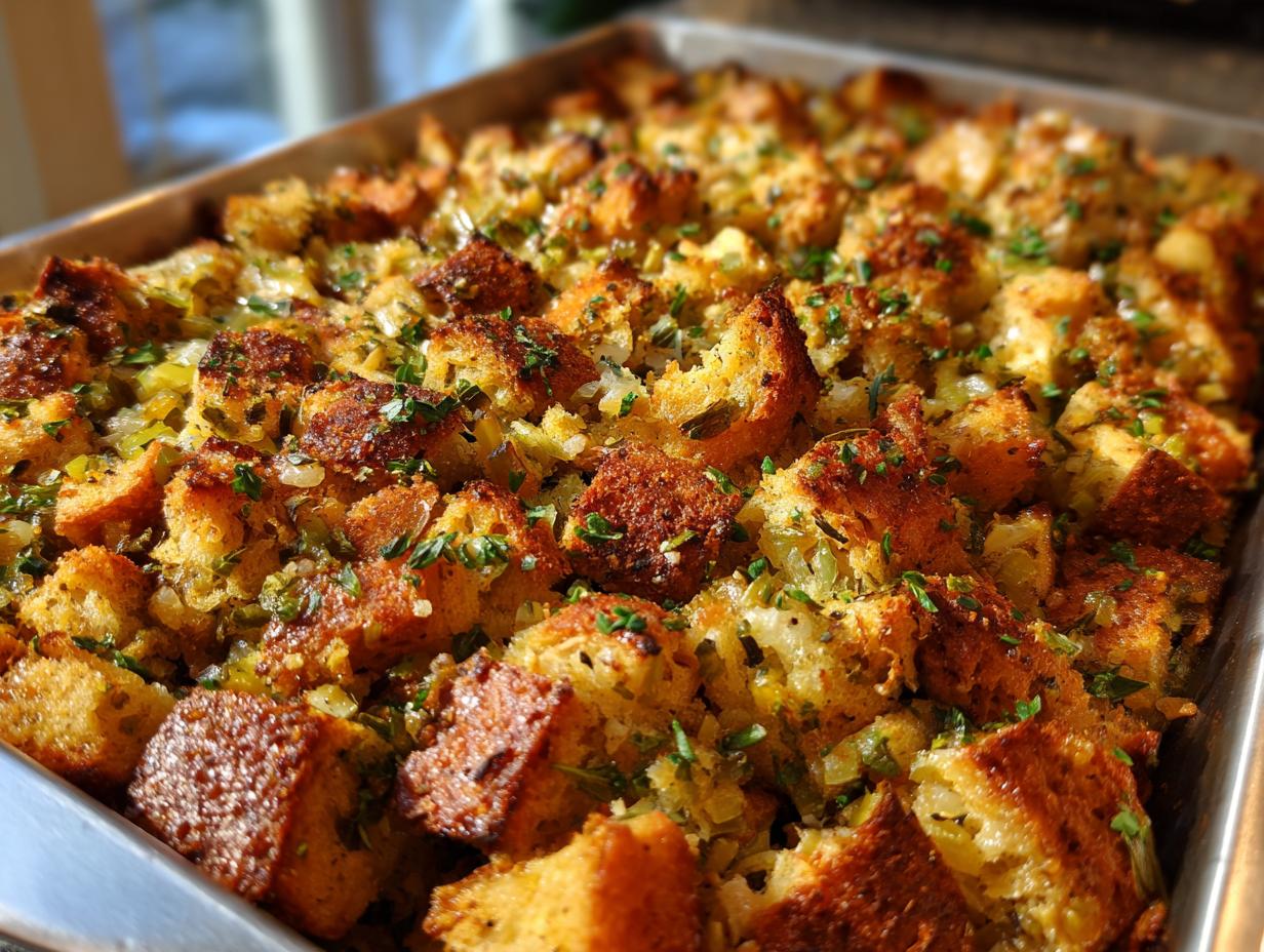 Close-up of a baking dish filled with golden-brown gluten-free stuffing, topped with fresh herbs.