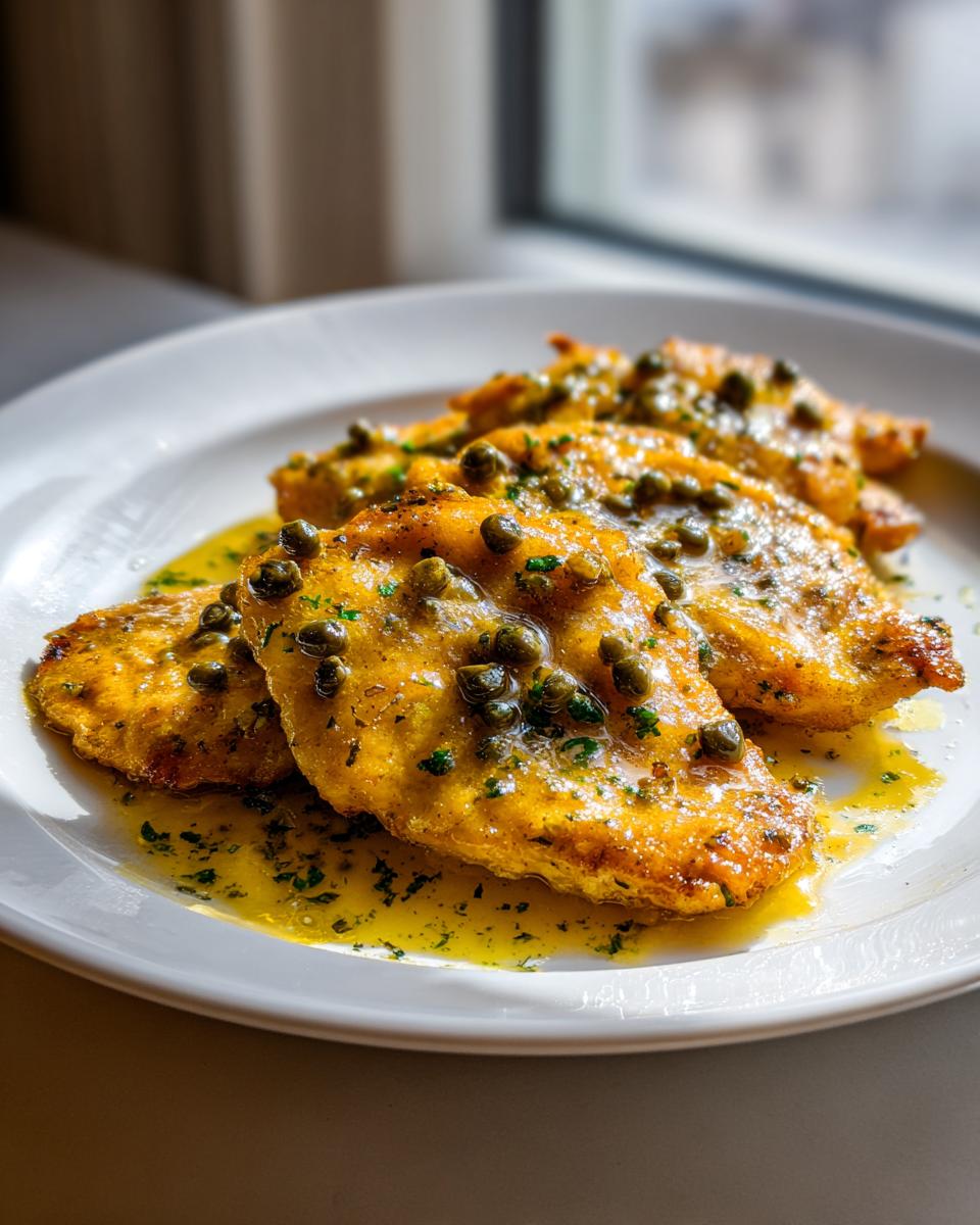 Four golden-brown pieces of chicken piccata generously topped with capers and lemon butter sauce on a white plate.