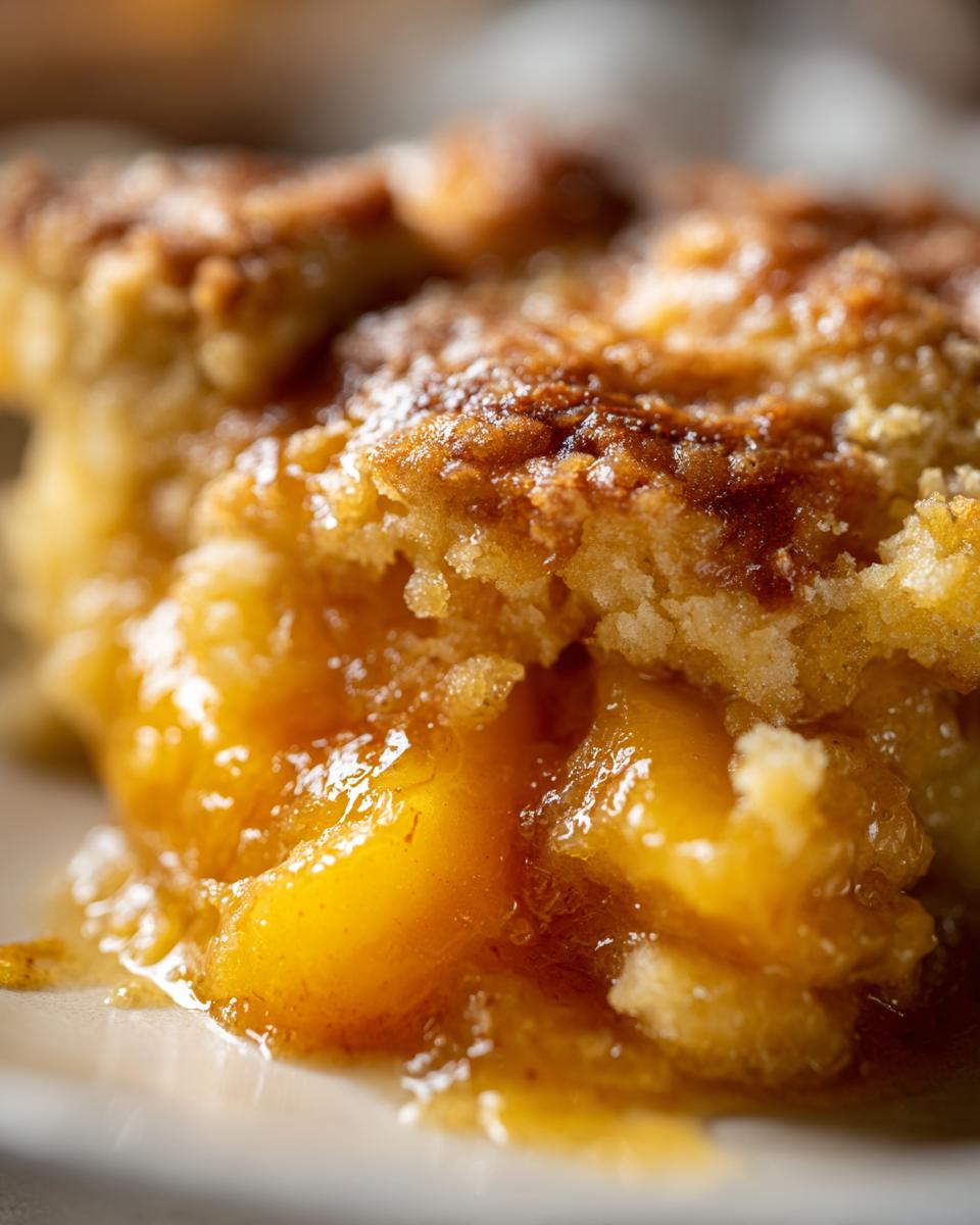 Extreme close-up of a scoop of southern peach cobbler showing juicy, caramelized peaches under a crumbly, golden-brown topping.