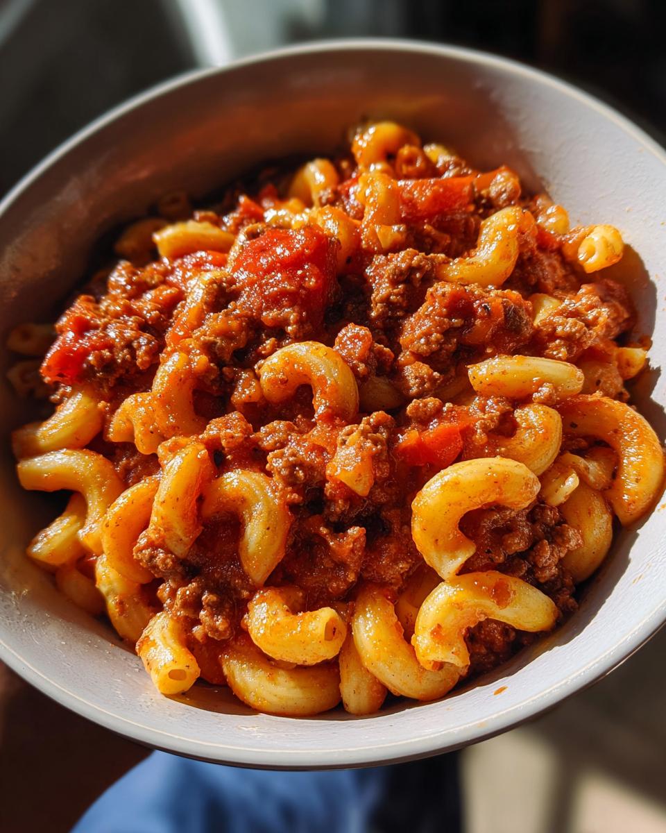 A close-up of a bowl filled with delicious goulash, featuring elbow macaroni and a rich meat sauce.