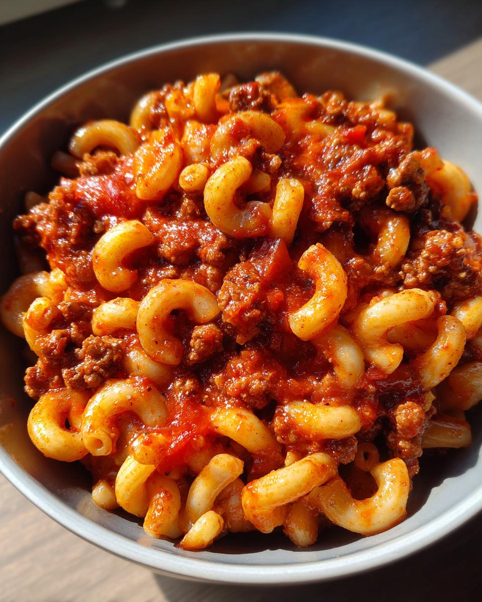 A close-up of a bowl filled with Goulash, featuring tender elbow macaroni coated in a rich, savory meat sauce.