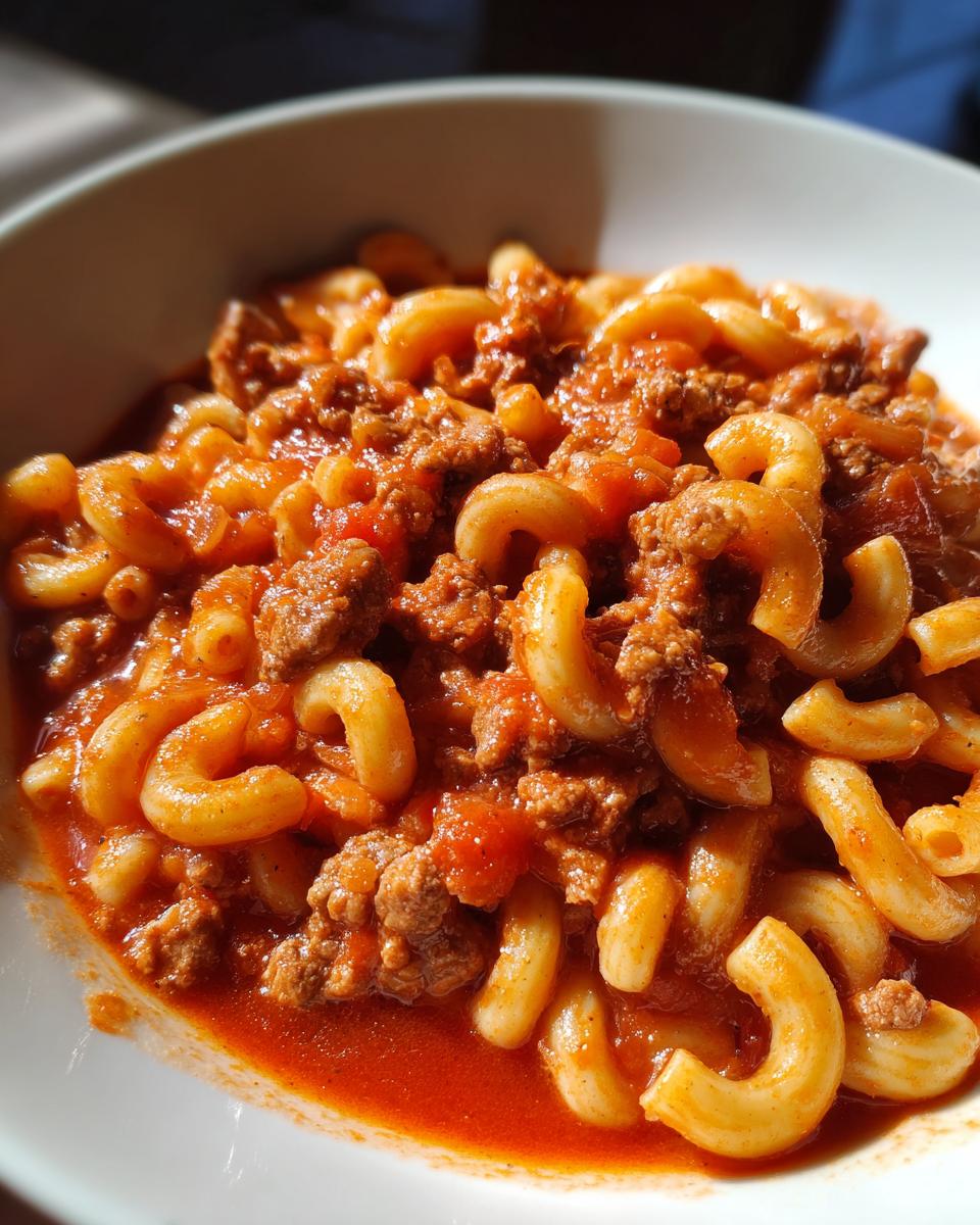 A close-up of a bowl of Goulash, featuring tender elbow macaroni mixed with savory ground beef in a rich tomato sauce.