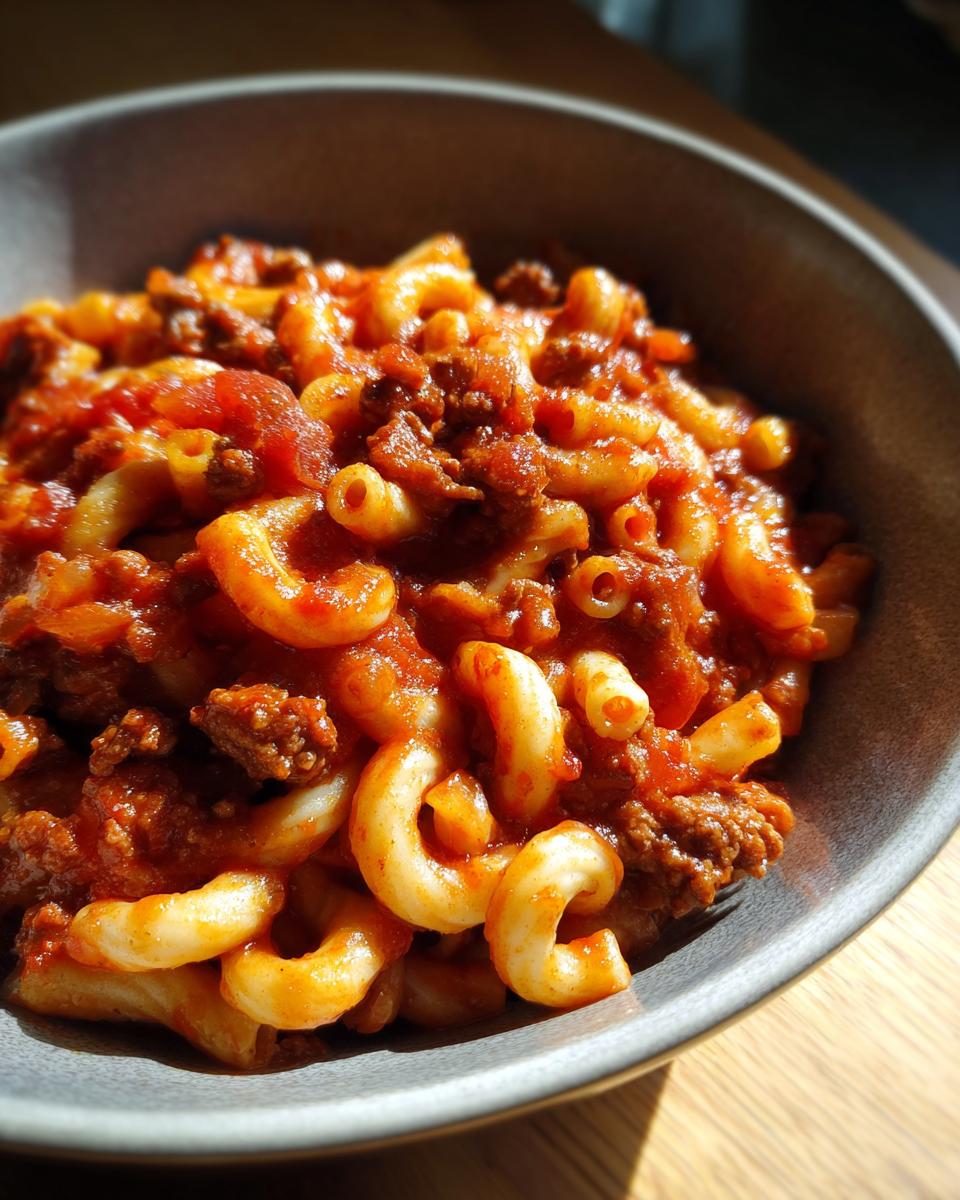 A close-up of a bowl of hearty goulash with tender elbow macaroni and rich meat sauce.