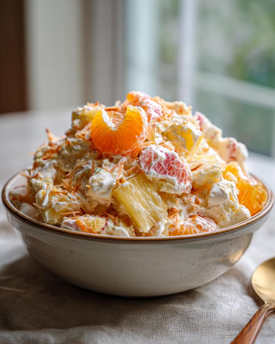 A close-up of Grandma's Ambrosia Salad in a bowl, featuring mandarin oranges, pineapple, grapefruit, marshmallows, and shredded coconut.