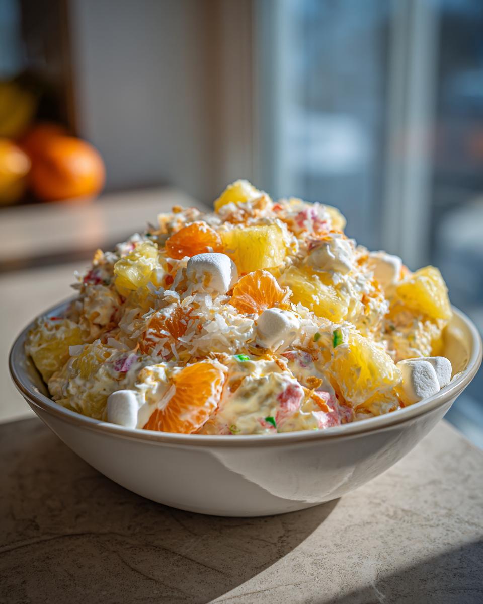 A generous bowl of Grandma's Ambrosia Salad, filled with pineapple chunks, mandarin oranges, mini marshmallows, and shredded coconut.