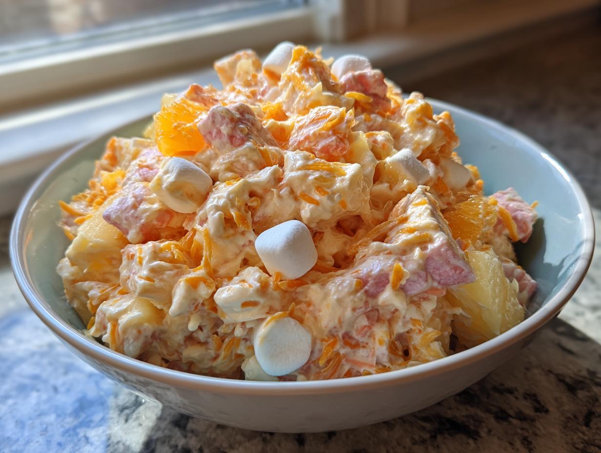 A close-up of Grandma's Ambrosia Salad, a creamy fruit salad with marshmallows, oranges, pineapple, and shredded carrots.