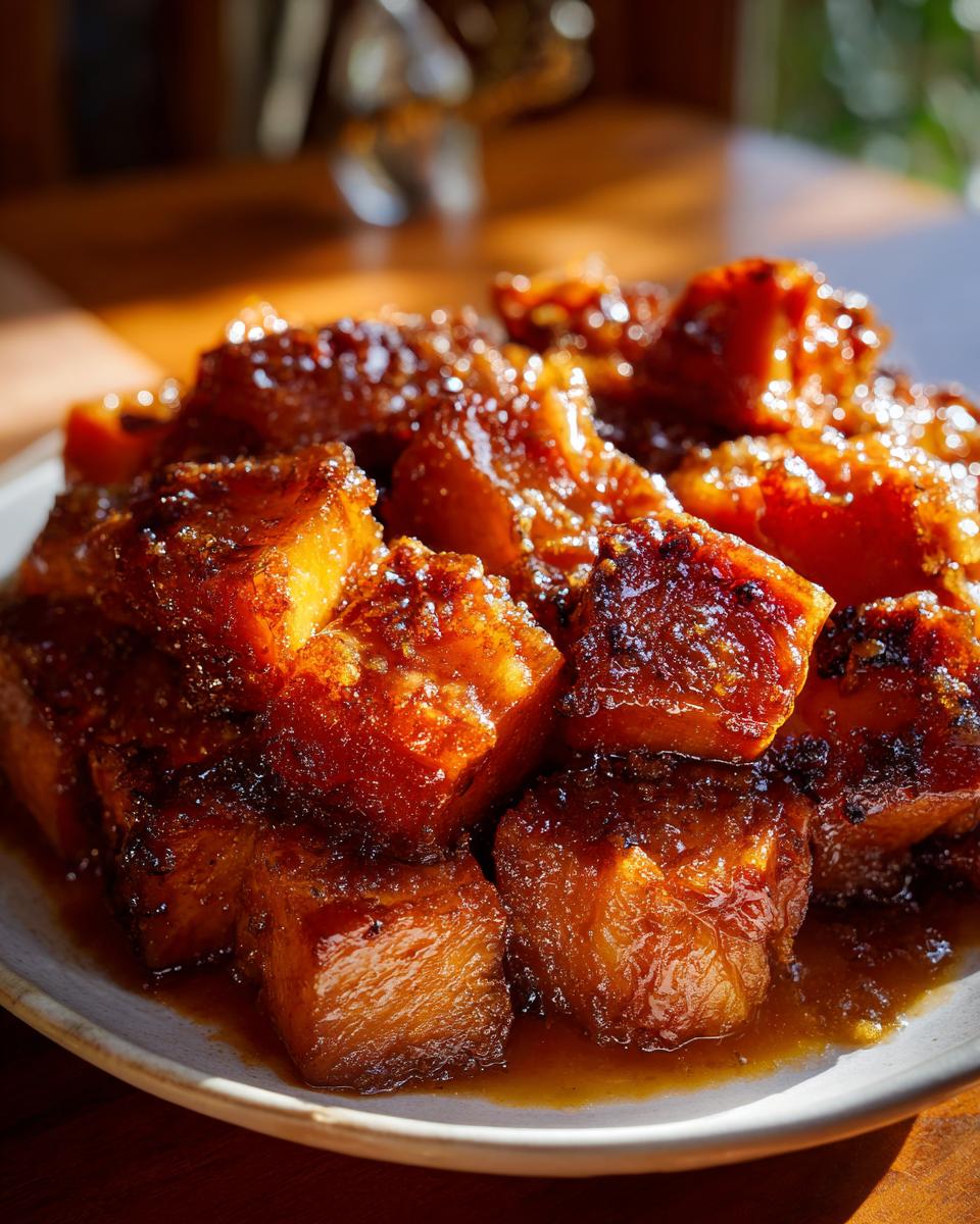 Close-up of a plate piled high with glistening, caramelized candied yams.