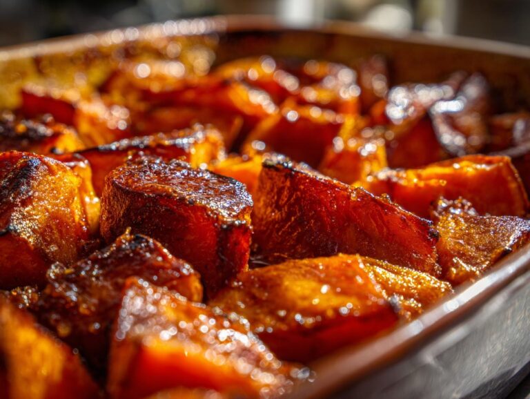 Close-up of glistening, caramelized candied yams baked in a dish, showing their rich, glossy texture.