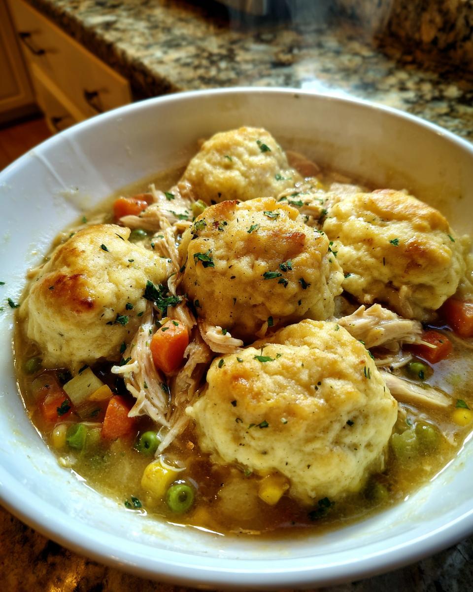 A comforting bowl of Grandma's perfect chicken and dumplings, filled with shredded chicken, vegetables, and fluffy dumplings.