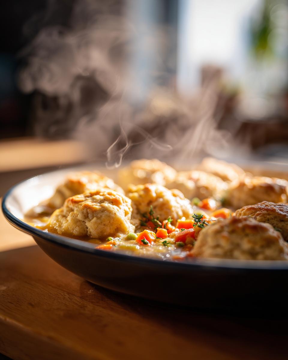 Close-up of steaming Grandma's Perfect Chicken and Dumplings in a bowl with carrots and peas.