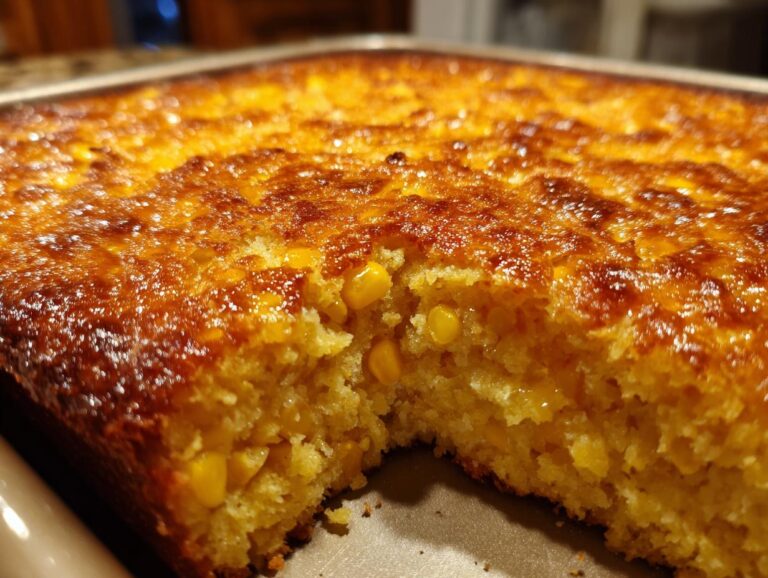 Close-up of Grandma's Amazing Corn Casserole, showing a golden-brown crust and visible corn kernels.
