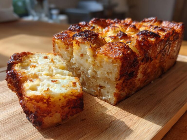 A close-up of Grandma's Cozy Bread Pudding, with a slice cut out, showing its golden-brown crust and soft interior.