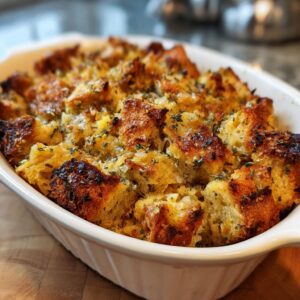 Close-up of golden-brown Grandma's Beloved Herb Stuffing baked in a white casserole dish, sprinkled with fresh herbs.