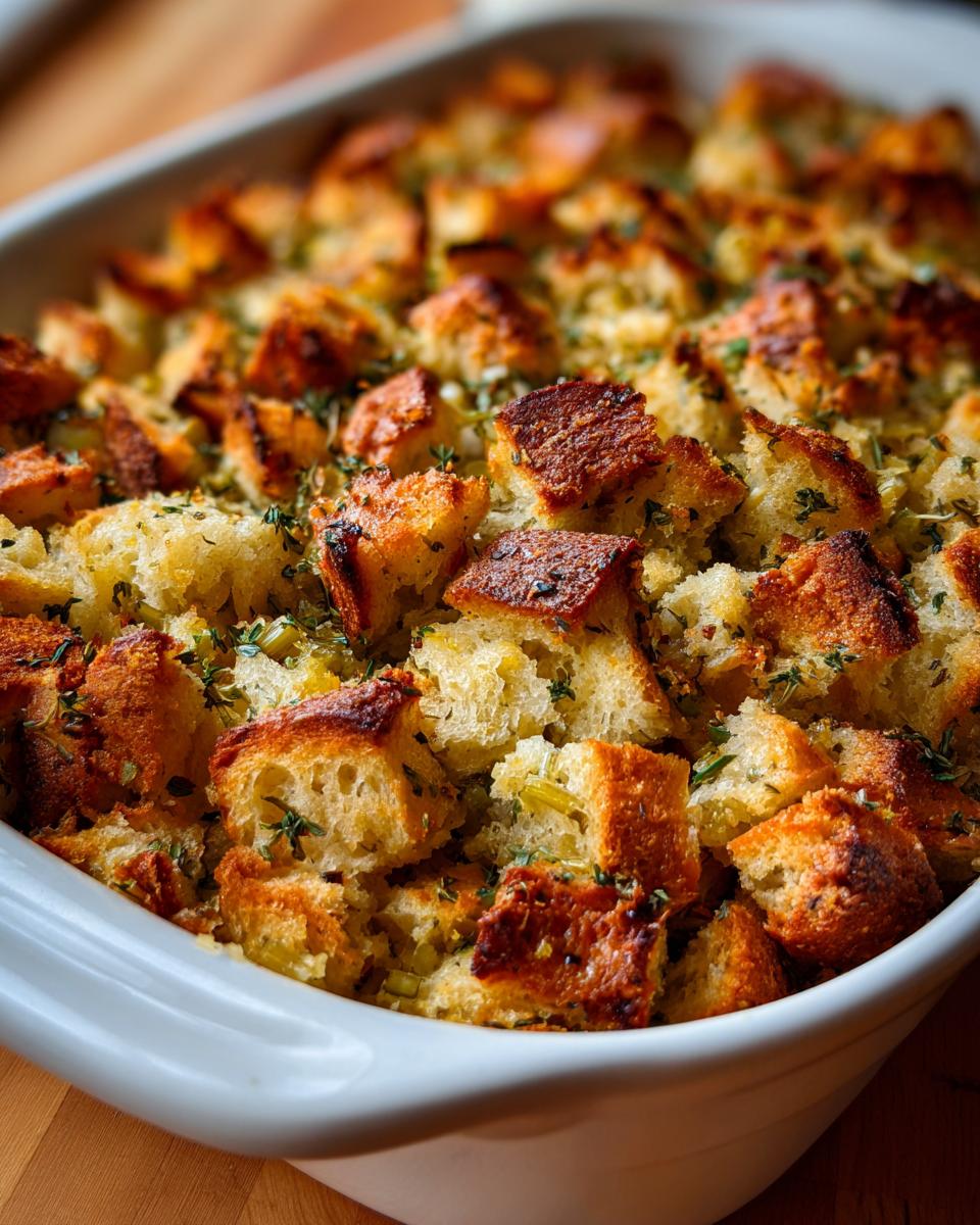 A close-up of Grandma's Beloved Herb Stuffing in a white baking dish, featuring golden-brown bread cubes and fresh herbs.