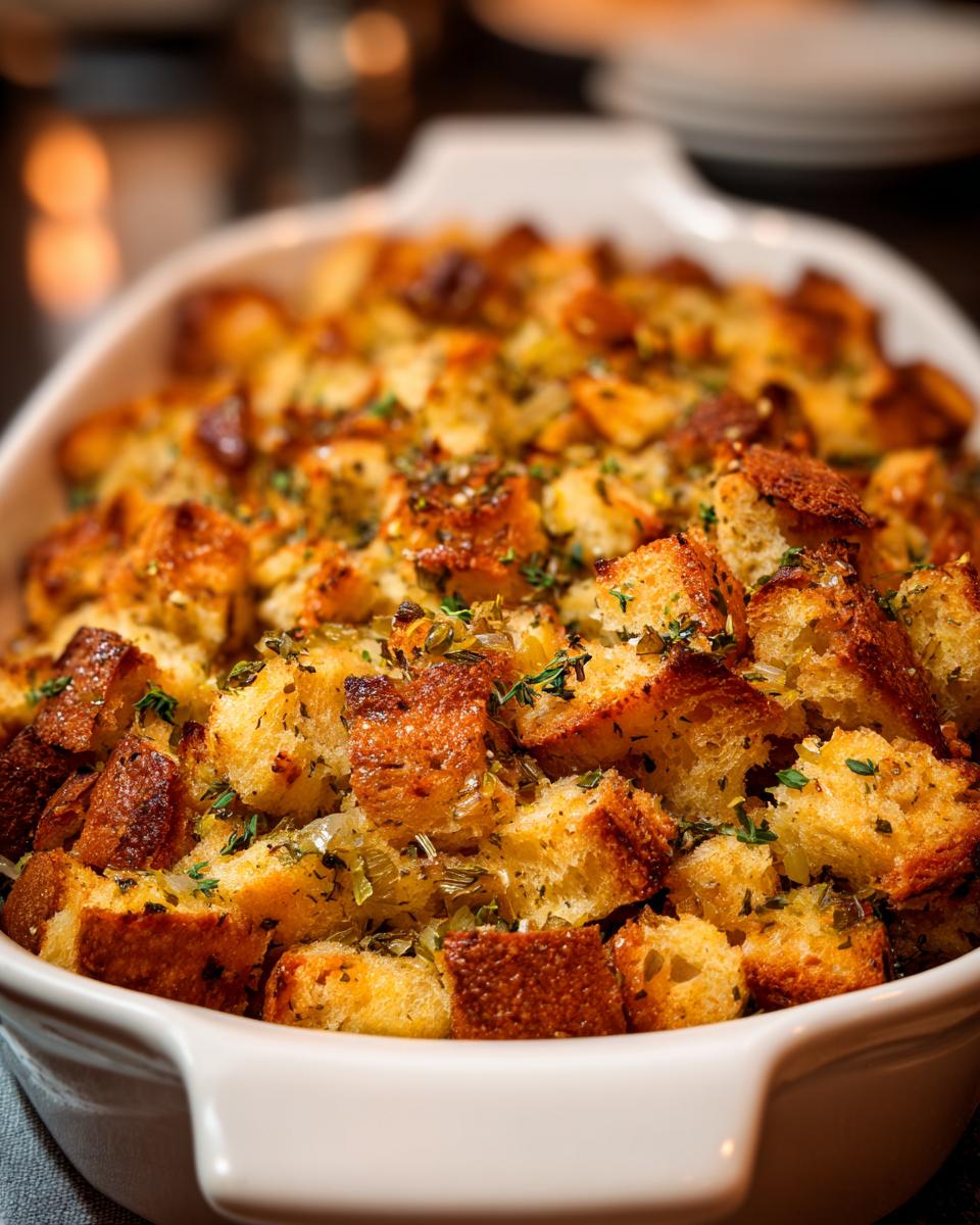 Close-up of Grandma's Beloved Herb Stuffing in a white baking dish, golden brown bread cubes with visible herbs.