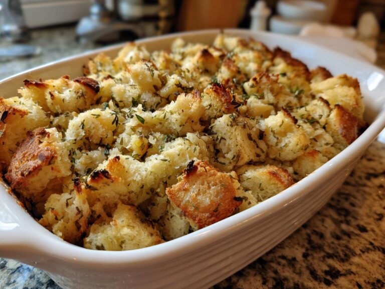 Close-up of golden-brown baked herb stuffing in a white baking dish, sprinkled with fresh herbs.