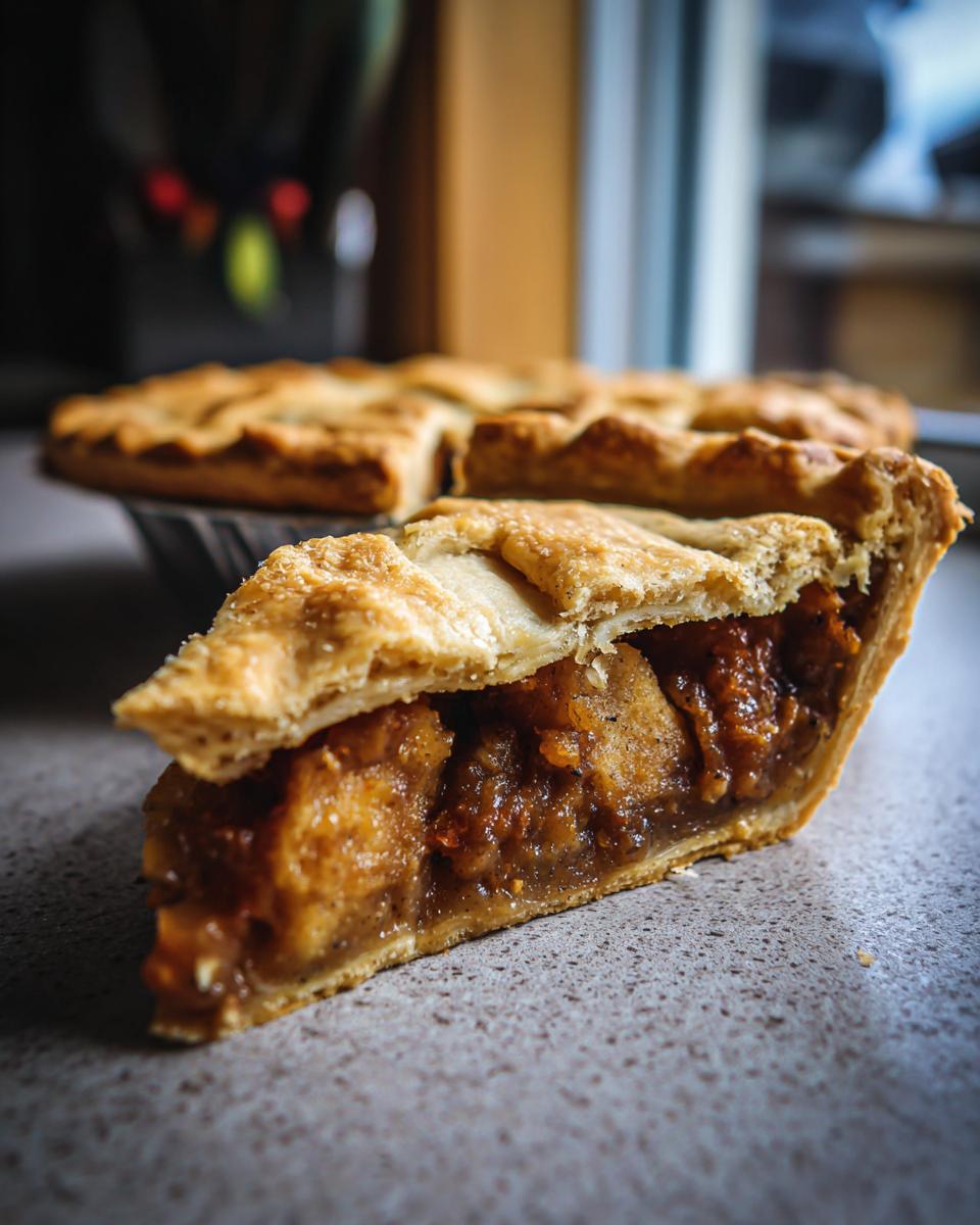 Close-up of a generous slice of Grandma's Amazing Mincemeat Pie, showcasing the flaky crust and rich filling.