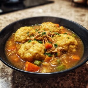 A steaming bowl of Grandma's perfect chicken and dumplings, with fluffy dumplings, shredded chicken, and vegetables.