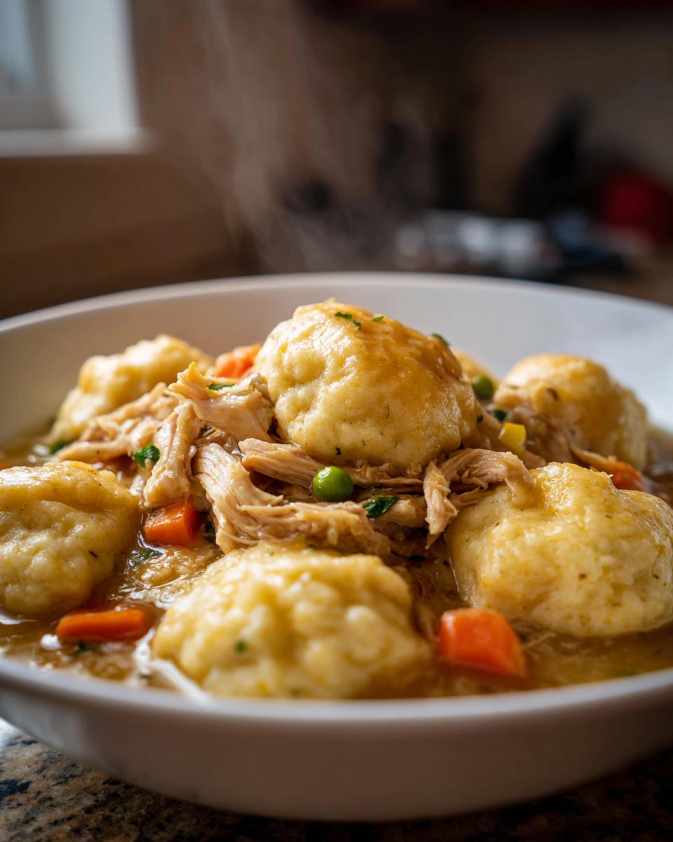A steaming bowl of Grandma's perfect chicken and dumplings, featuring fluffy dumplings, shredded chicken, carrots, and peas in a savory broth.