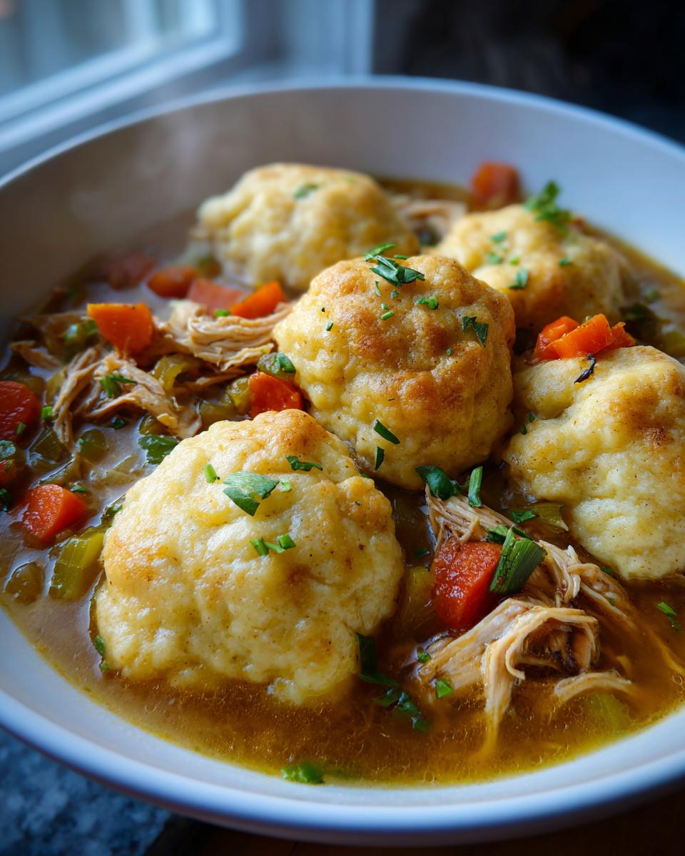 A comforting bowl of Grandma's perfect chicken and dumplings, featuring fluffy dumplings, shredded chicken, and vegetables.