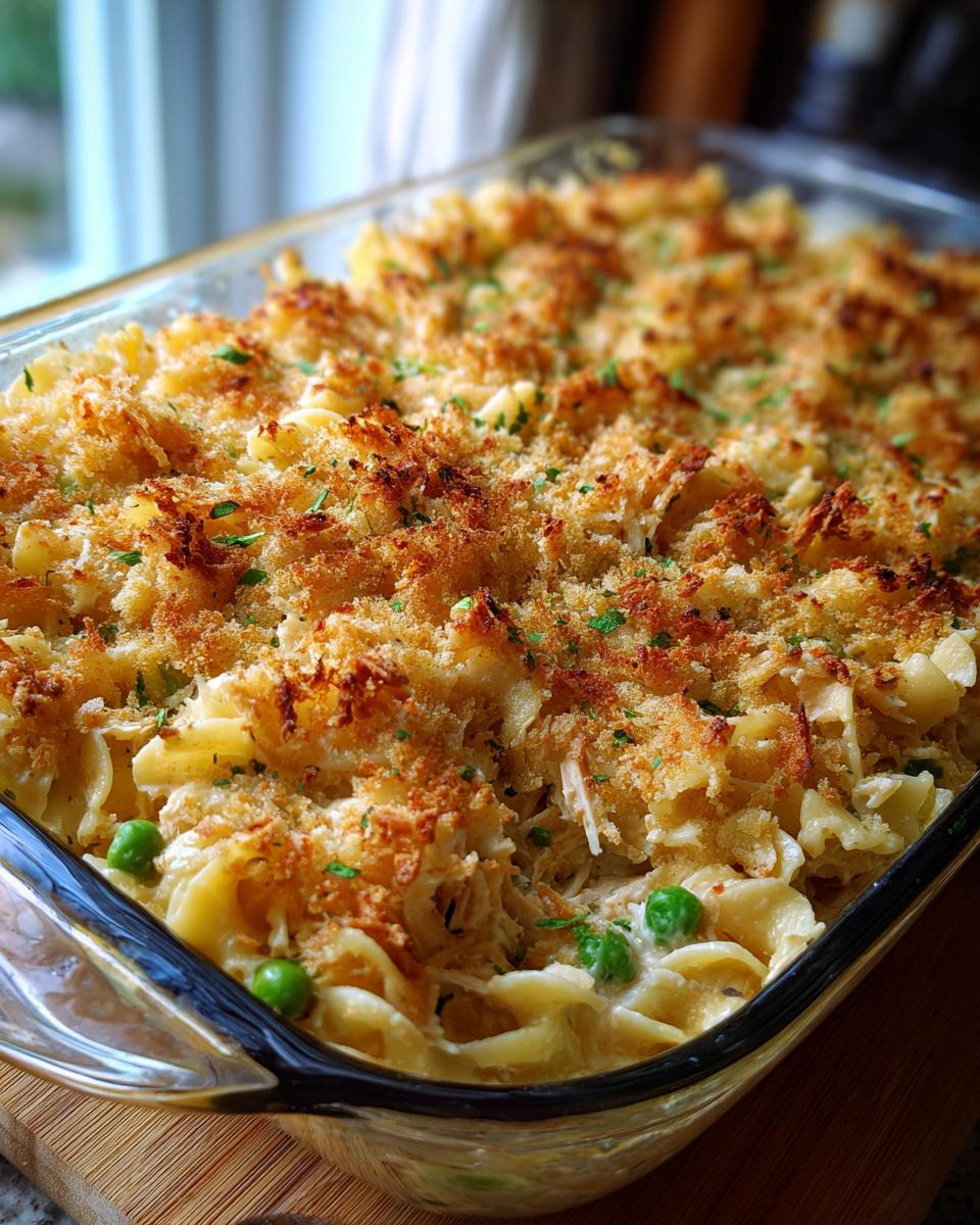 Close-up of Grandma's Tuna Noodle Casserole in a glass baking dish, topped with golden breadcrumbs and parsley.