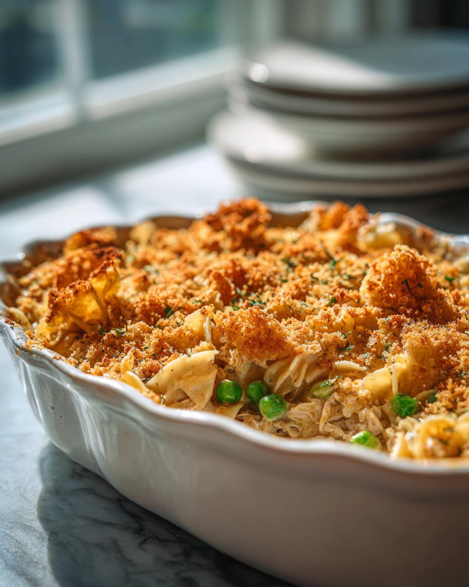 A close-up of Grandma's Tuna Noodle Casserole in a white baking dish, topped with golden breadcrumbs and peas.