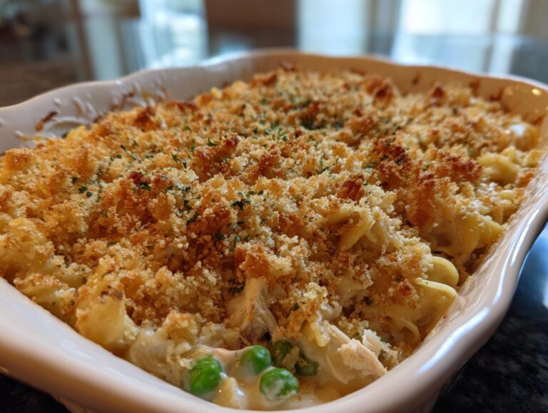 Close-up of Grandma's Tuna Noodle Casserole, featuring a golden breadcrumb topping and visible peas.