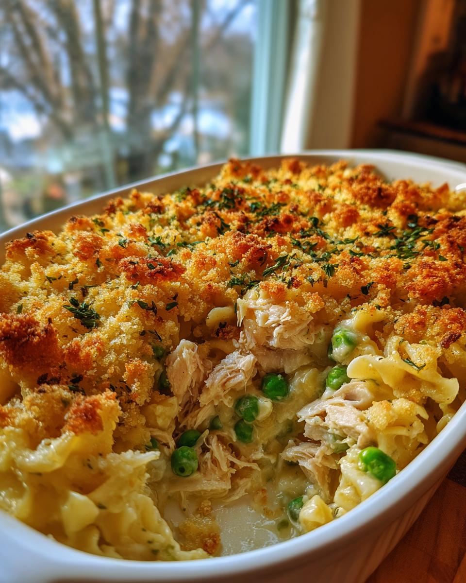 Close-up of a scoop of creamy tuna noodle casserole with peas and a golden breadcrumb topping.