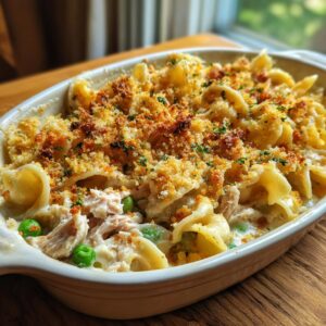 Close-up of Grandma's Tuna Noodle Casserole, featuring pasta, tuna, peas, and a crispy breadcrumb topping.