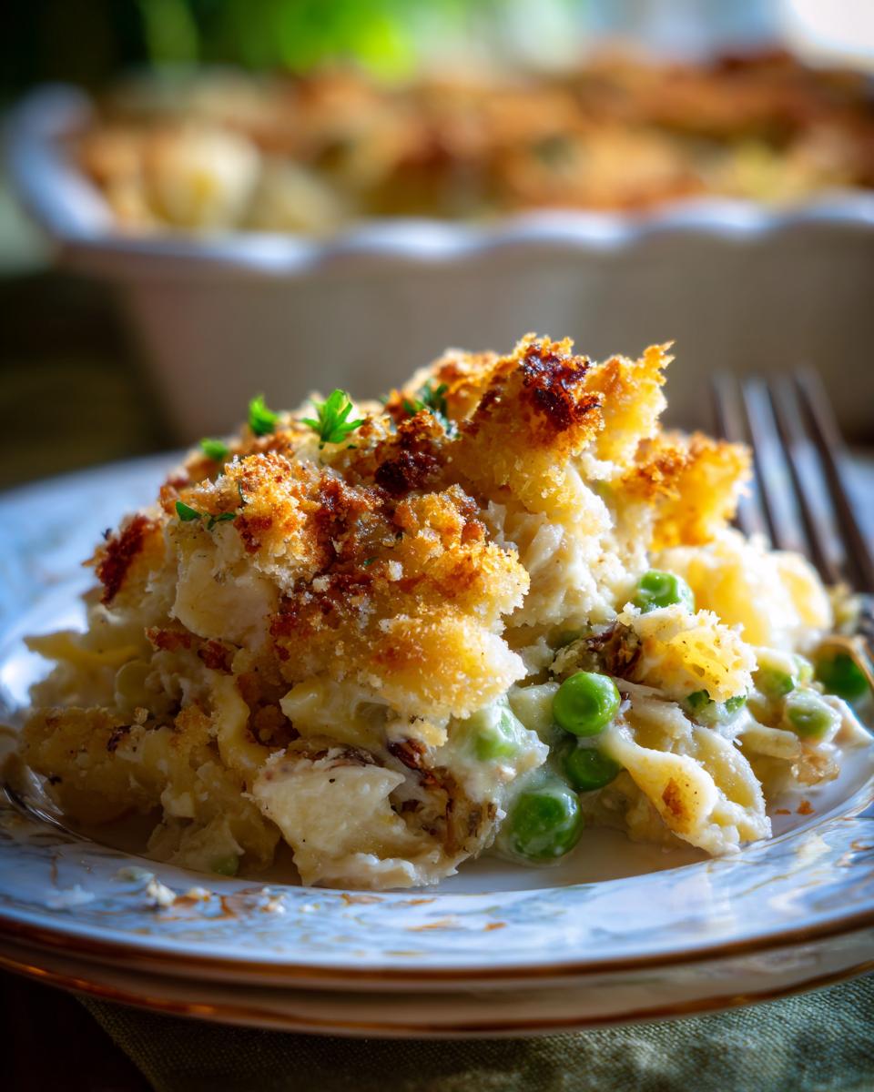 A comforting serving of Grandma's Tuna Noodle Casserole with peas and a crispy breadcrumb topping.