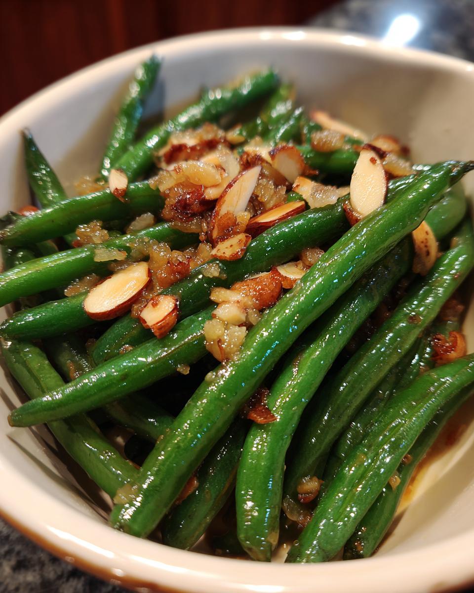 Close-up of vibrant green beans almondine, topped with toasted sliced almonds and a light glaze.