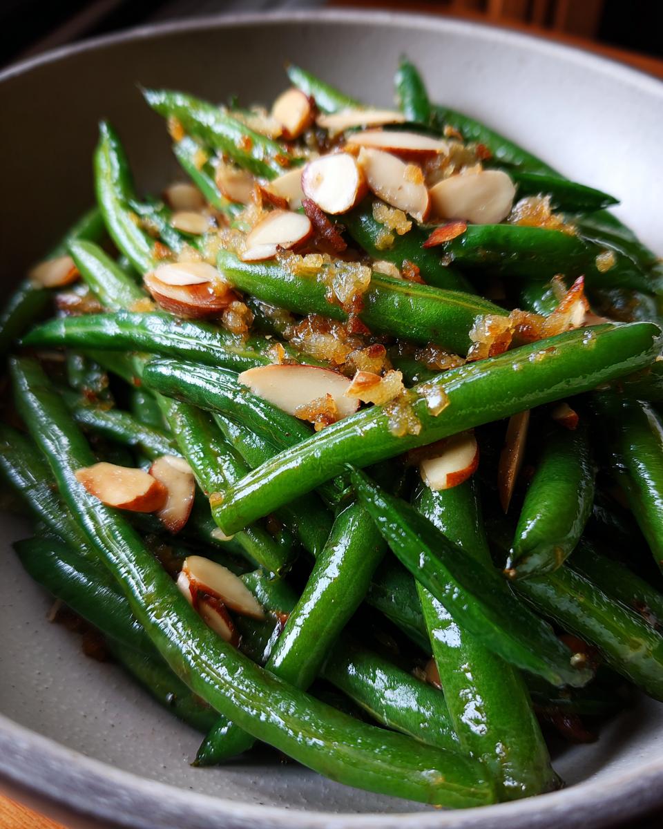 Close-up of vibrant green beans almondine, topped with slivered toasted almonds and a light glaze.