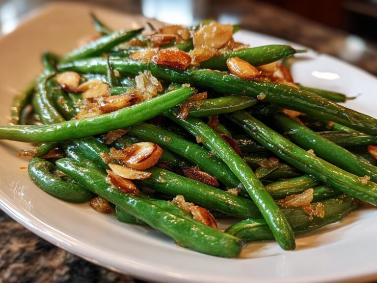 Close-up of vibrant green beans almondine, glistening and topped with toasted slivered almonds and garlic.