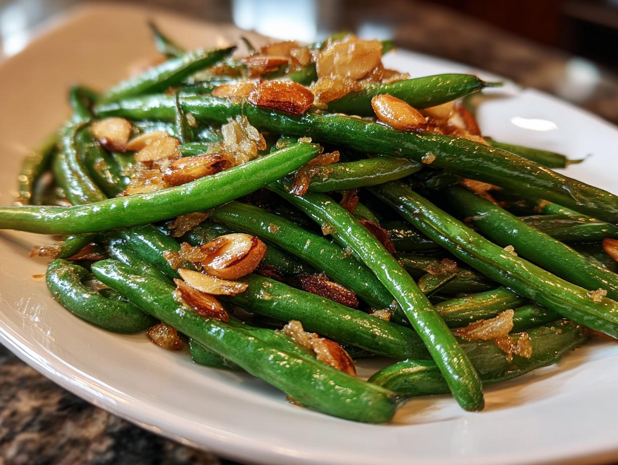 Close-up of vibrant green beans almondine, glistening and topped with toasted slivered almonds and garlic.